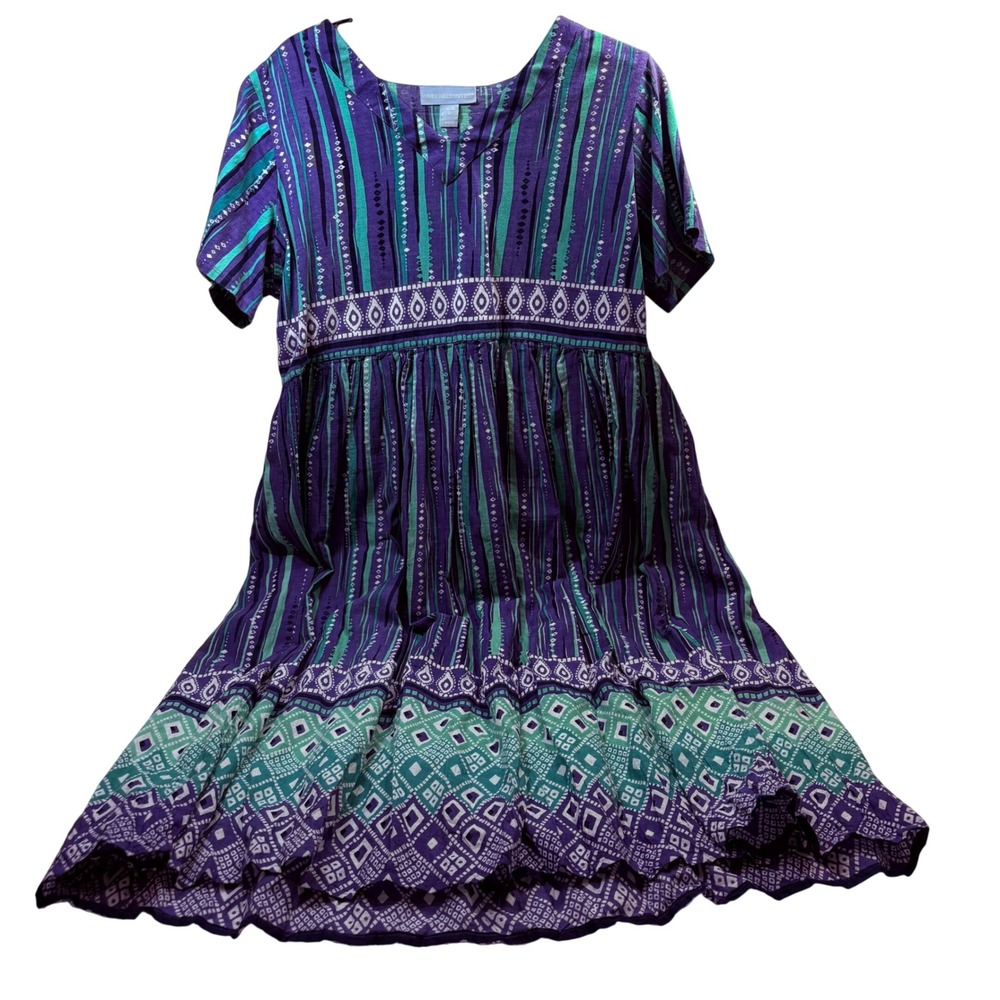 Only‎ Necessities Womens Purple Green Geometric Cotton Midi Dress Size M 14/16